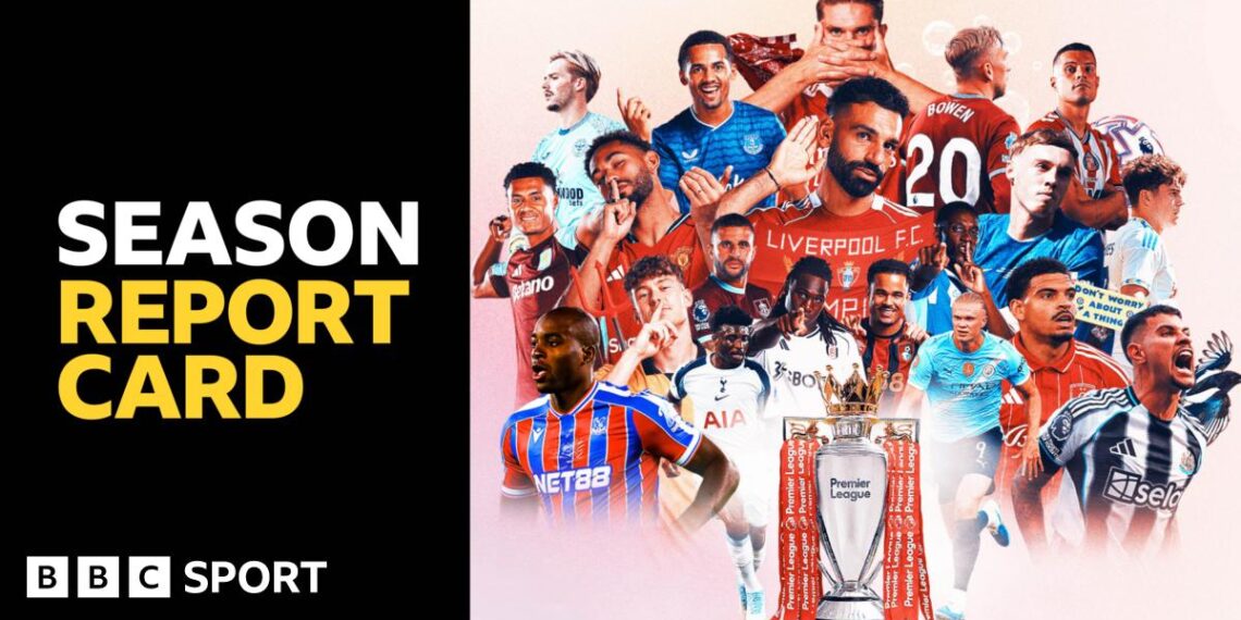 A BBC Sport graphic features the Premier League trophy, 20 players from different teams and the words 'Season report card'