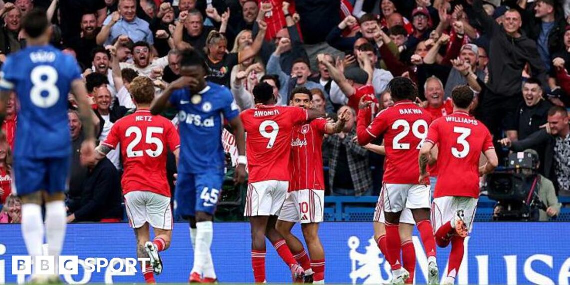 Nottingham Forest celebrate scoring against Chelsea on Monday