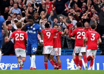 Nottingham Forest celebrate scoring against Chelsea on Monday