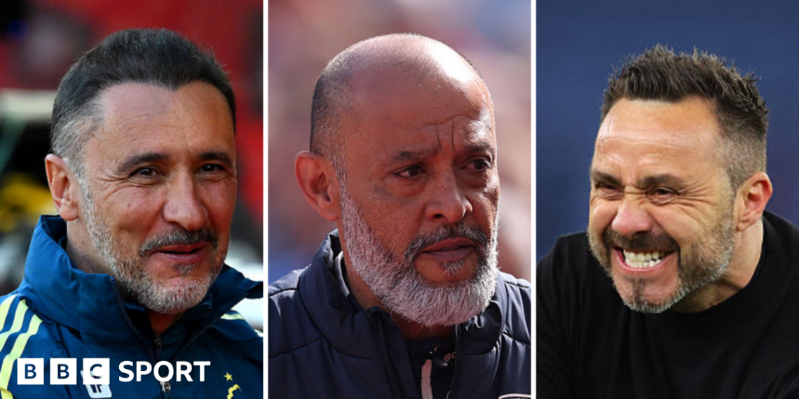 A composite image of Nottingham Forest manager Vitor Pereira, West Ham boss Nuno Espirito Santo and Spurs manager Roberto de Zerbi