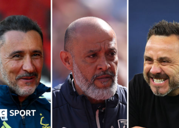 A composite image of Nottingham Forest manager Vitor Pereira, West Ham boss Nuno Espirito Santo and Spurs manager Roberto de Zerbi