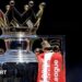 The Premier League trophy, adorned with red and white ribbons for champions Arsenal, sits pitchside at Selhurst Park beforer the end of season presentation and celebrations