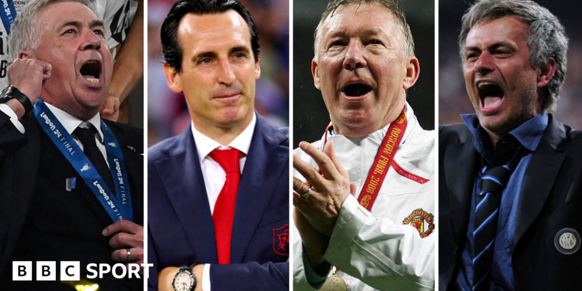 Graphic of Ancelotti, Zidane, Ferguson, Mourinho and Emery