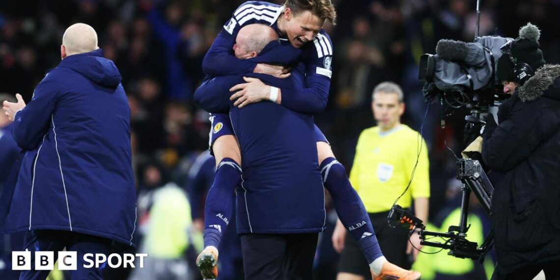 Scotland Head Coach Steve Clarke with Scott McTominay during a World Cup 2026 Qualifier between Scotland and Denmark at Hampden Park, on November 18, 2025
