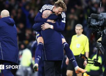Scotland Head Coach Steve Clarke with Scott McTominay during a World Cup 2026 Qualifier between Scotland and Denmark at Hampden Park, on November 18, 2025