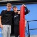 Two players pose for a picture outside the Norther Snooker Centre in Leeds
