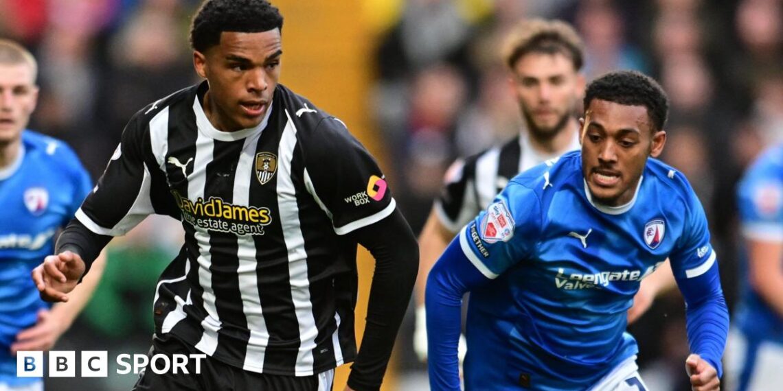 Tom Iorpenda (left) in action for Notts County against Chesterfield in the League Two play-off semi final