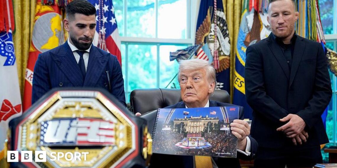 Ilia Topuria and Justin Gaethje alongside US President Donald Trump inside the Oval Office at the White House