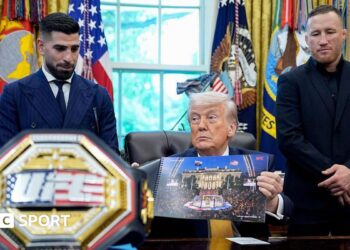 Ilia Topuria and Justin Gaethje alongside US President Donald Trump inside the Oval Office at the White House