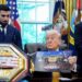 Ilia Topuria and Justin Gaethje alongside US President Donald Trump inside the Oval Office at the White House