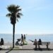 sunny scene of a coastal path where people are sitting on benches with other people walking along next to the glistening sea with blue skies overhead