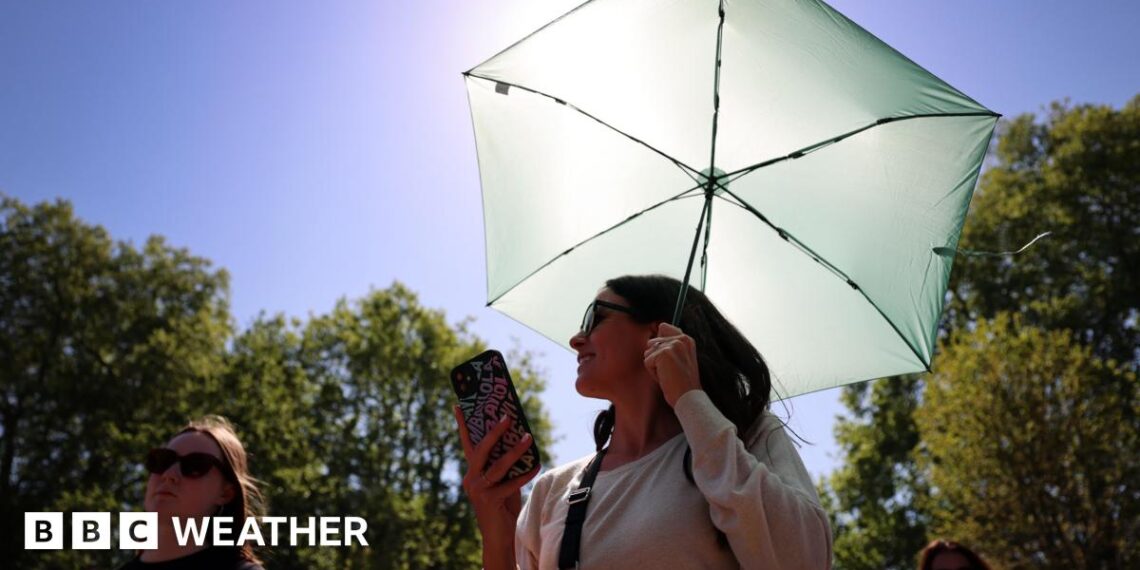 Two women wearing sunglasses on a sunny day. One carrying an umbrella and mobile phone
