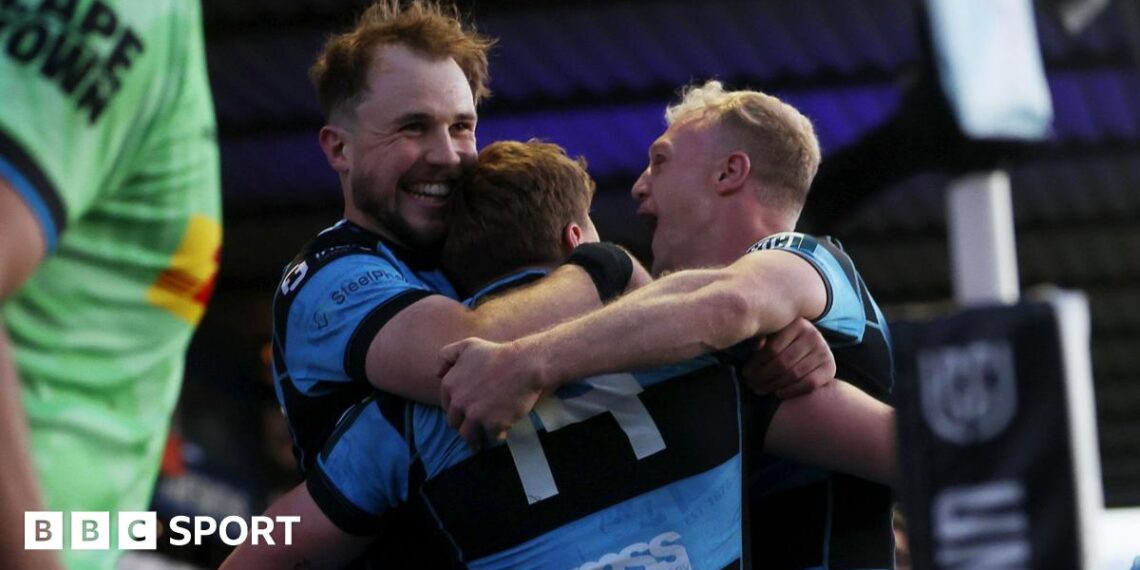 Cardiff celebrate Jacob Beetham's second try against Stormers