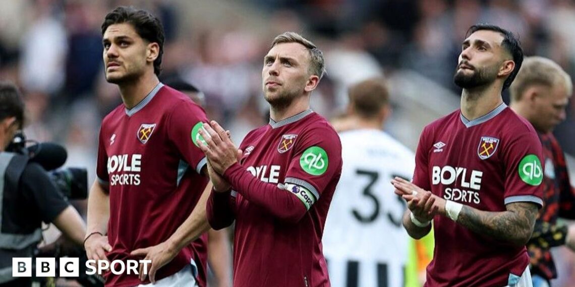 West Ham skipper Jarrod Bowen (centre) after the 3-1 defeat at Newcastle