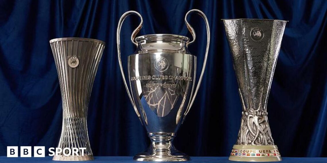 A group photo of the trophies for the Uefa Conference League, Uefa Champions League and Uefa Europa League