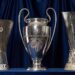 A group photo of the trophies for the Uefa Conference League, Uefa Champions League and Uefa Europa League