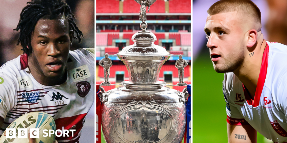Three-way image with Junior Nsemba, Wigan's powerful back-rower carrying the ball on the left side, the Challenge Cup close up in the middle at Wembley Stadium and Mikey Lewis staring after scoring with emotion for Hull KR on the right