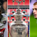 Three-way image with Junior Nsemba, Wigan's powerful back-rower carrying the ball on the left side, the Challenge Cup close up in the middle at Wembley Stadium and Mikey Lewis staring after scoring with emotion for Hull KR on the right