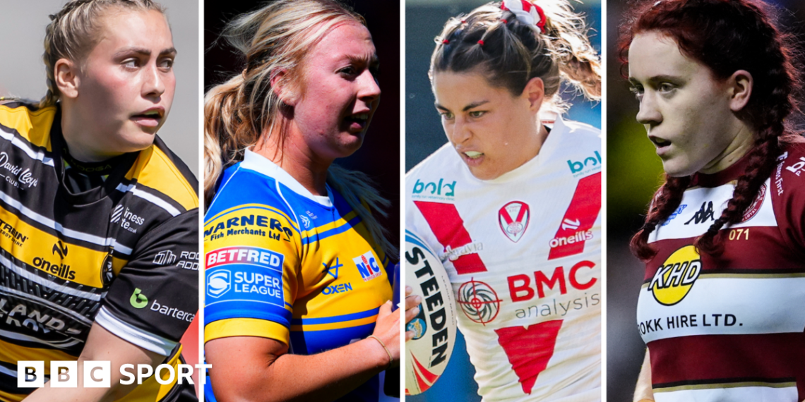 Four-way split image featuring Sinead Peach of York, Keara Bennett of Leeds, Emily Rudge of St Helens and Eva Hunter of Wigan all in mid-game action