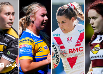 Four-way split image featuring Sinead Peach of York, Keara Bennett of Leeds, Emily Rudge of St Helens and Eva Hunter of Wigan all in mid-game action