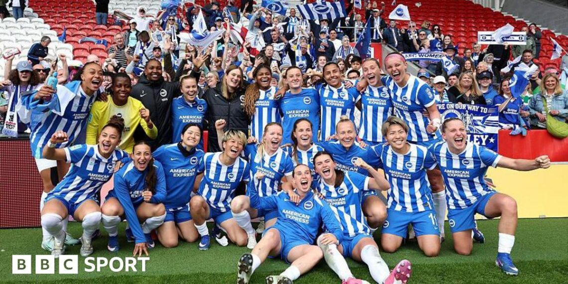 The players of Brighton & Hove Albion pose for a photo after the team's victory in the Adobe Women's FA Cup Semi Final match between Liverpool and Brighton