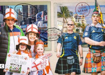 Visual of a family of England supporters and pair of Scotland fans on a background of a postcard that depicts New York and Miami as 2026 World Cup host cities
