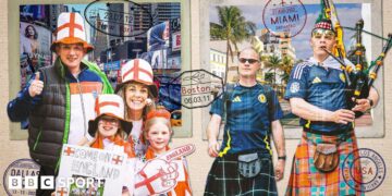 Visual of a family of England supporters and pair of Scotland fans on a background of a postcard that depicts New York and Miami as 2026 World Cup host cities