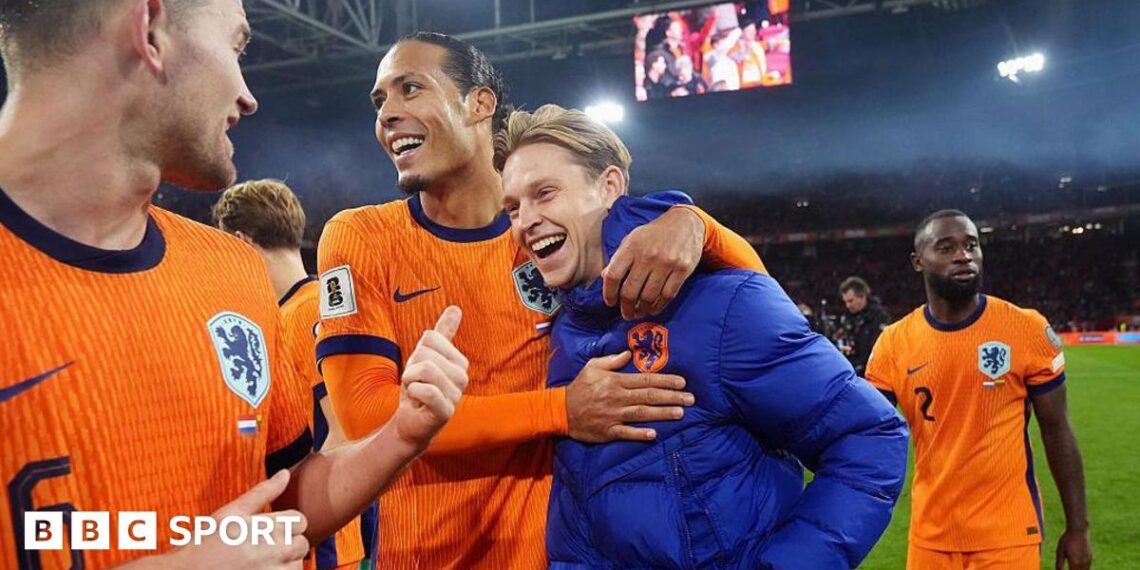 Matthijs de Ligt of Holland, Virgil van Dijk of Holland, Frenkie de Jong of Holland celebrate qualifying for the 2026 FIFA World Cup