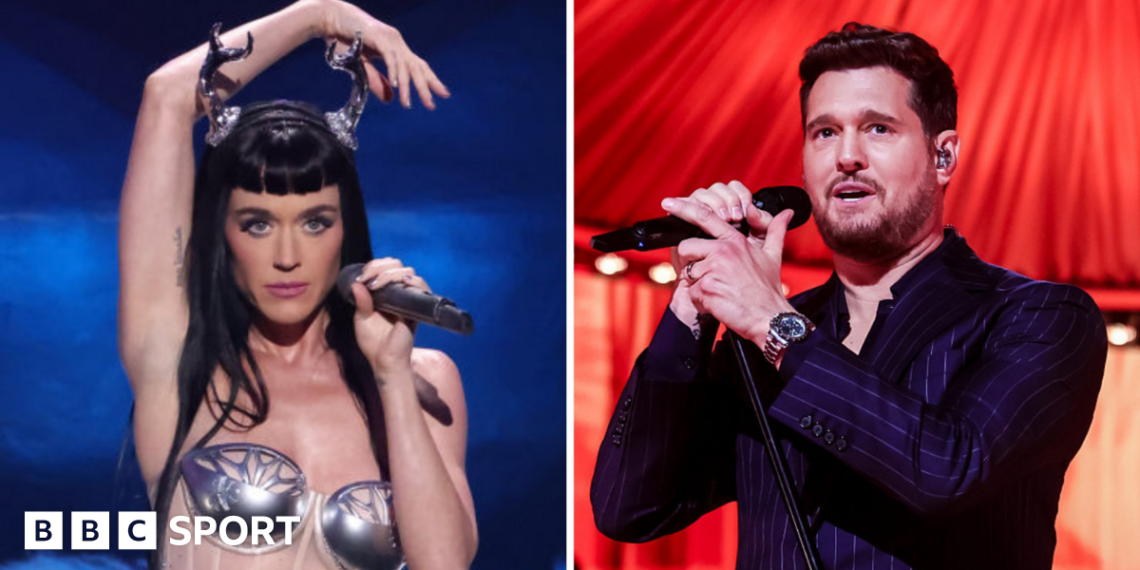 Graphic showing photos of Katy Perry and Michael Buble