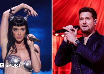 Graphic showing photos of Katy Perry and Michael Buble