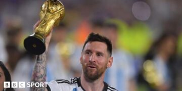 Lionel Messi holding the World Cup trophy