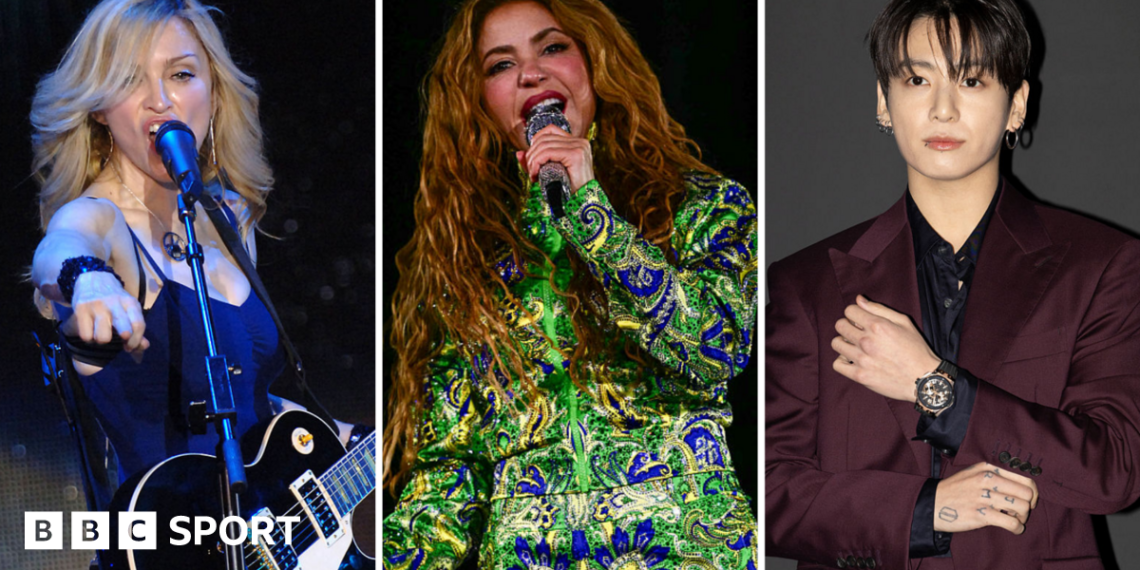 A split image of Madonna, Shakira and Jungkook of BTS