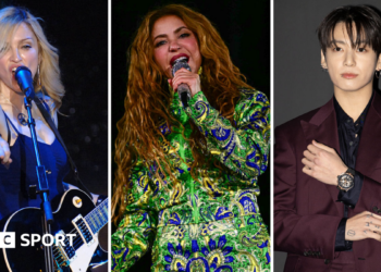 A split image of Madonna, Shakira and Jungkook of BTS