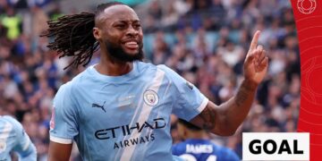 Antoine Semenyo scores for Manchester City after an assist from Erling Haaland in the FA Cup final against Chelsea.