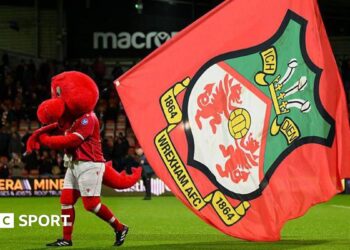 Mascot Wrex the Dragon carries a Wrexham flag across the pitch