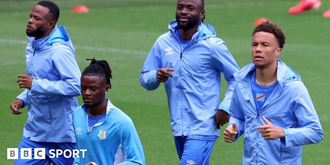 DR Congo's players train at Liege's stadium before their friendly with Denmark