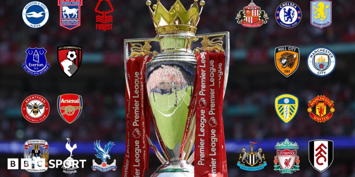 The Premier League trophy with red ribbons on it, surrounded by the crests of the 20 clubs in the English top flight in the 2026-27 season