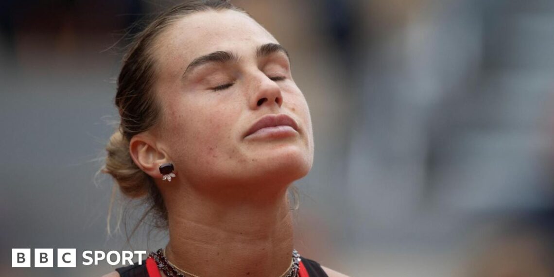 Aryna Sabalenka closes her eyes in disgust during a frustrating French Open quarter-final defeat by Diana Shnaider