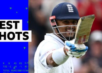 Watch as England debutant Emilio Gay celebrates reaching a half-century on day two of their Test match against New Zealand.