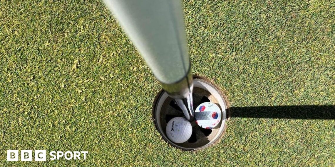 Two Golf balls in a hole on the Royal Liverpool Golf Club course