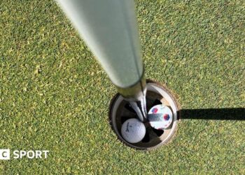 Two Golf balls in a hole on the Royal Liverpool Golf Club course