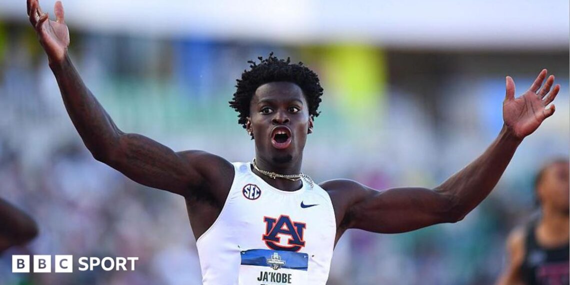 Ja'Kobe Tharp celebrates after breaking the 110m hurdles world record at the NCAA championships in June 2026