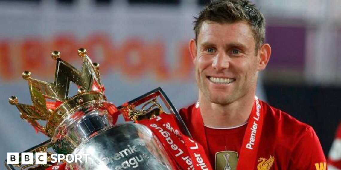 James Milner with the Premier League trophy after Liverpool's title win in 2020