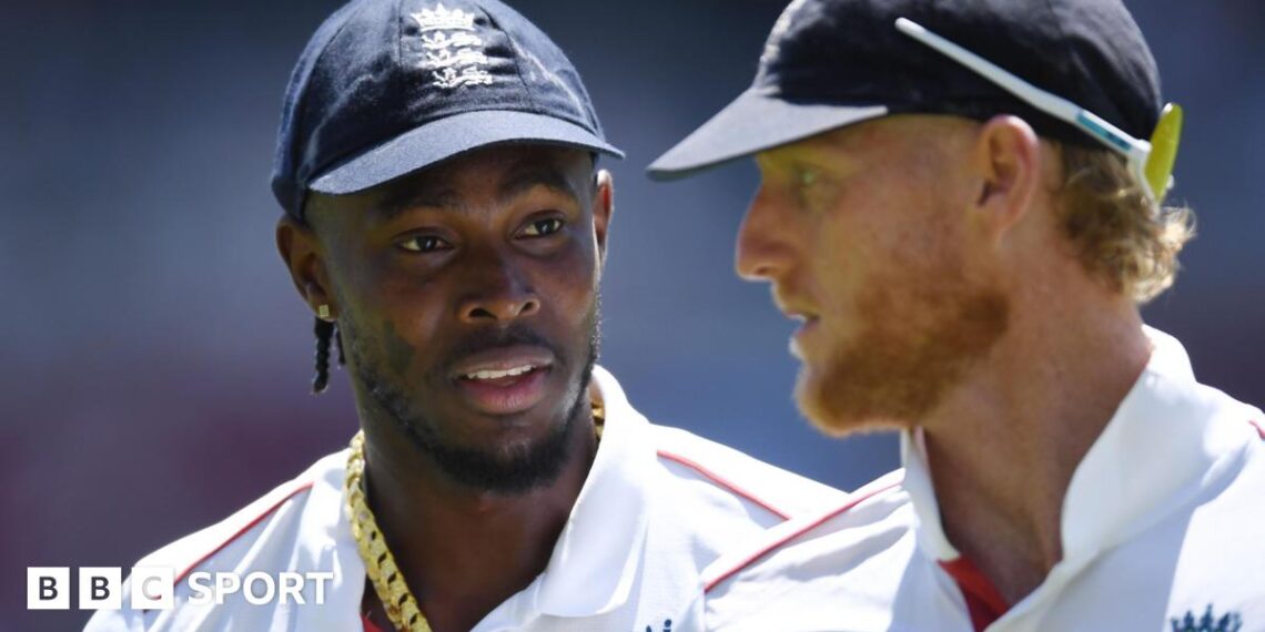 Jofra Archer and Ben Stokes pictured on the field during the Ashes