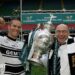 John Kear (r) celebrates Hull FC's Challenge Cup final win over Leeds in Cardiff in 2005 with captain Richard Swain