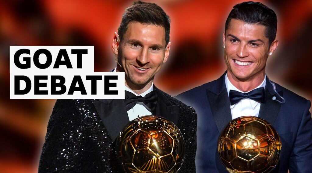 Lionel Messi and Cristiano Ronaldo holding their respective Balon d'Ors