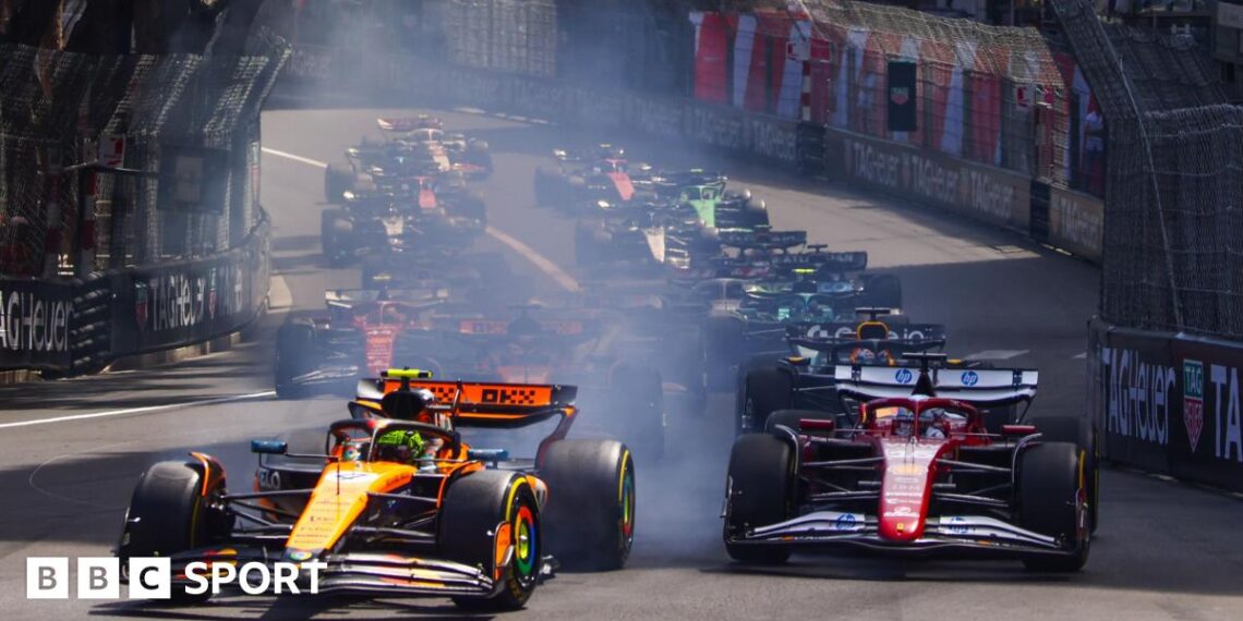 McLaren's Lando Norris leads the field into the first corner of the 2025 Monaco Grand Prix