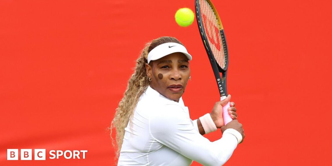 Serena Williams hits a return during practice at Queen's
