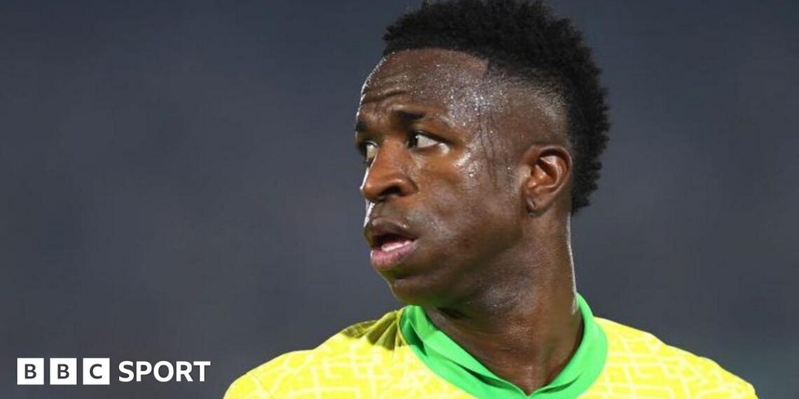 Brazil's Vinicius Junior in traditional yellow and green national team kit