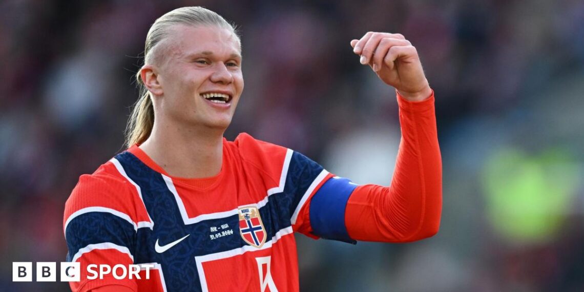 Erling Haaland celebrates scoring for Norway